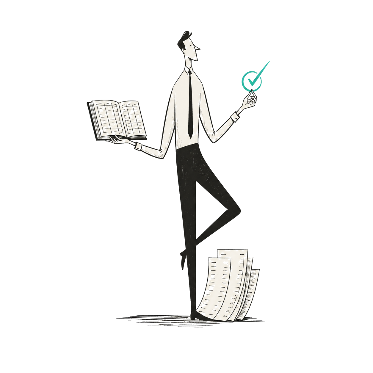 A finance specialist checking a ledger beside a large balance sheet