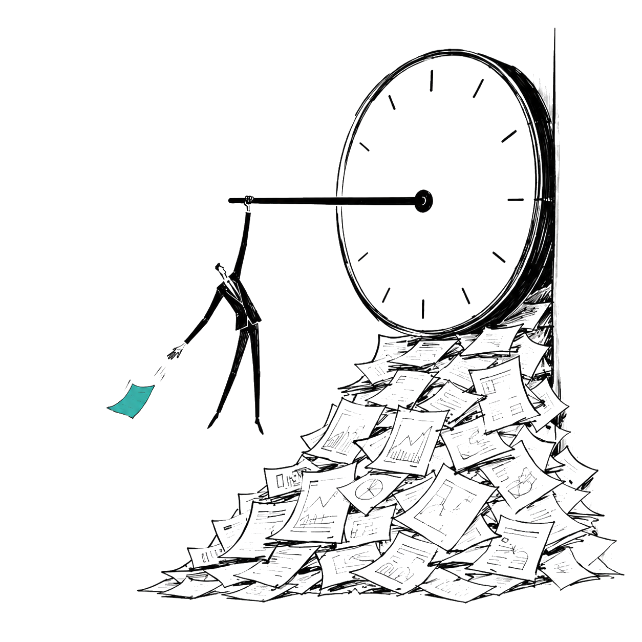 A business operator holding a clock hand against a large compliance clock and paperwork backlog