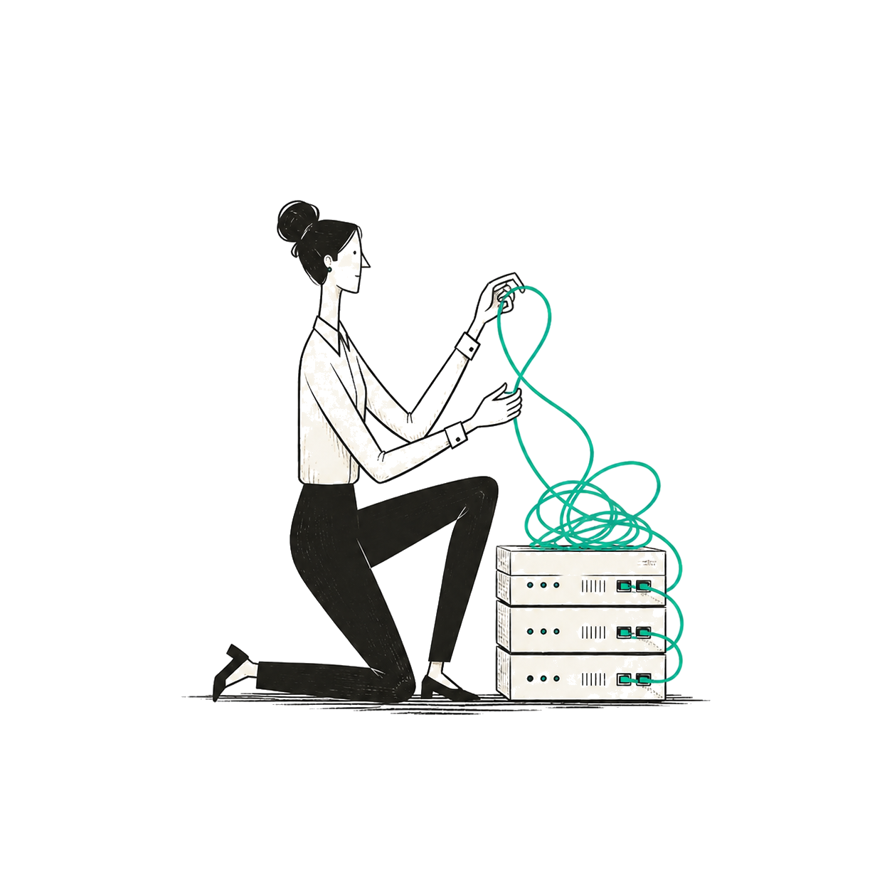 An IT specialist untangling a teal cable beside a stack of servers