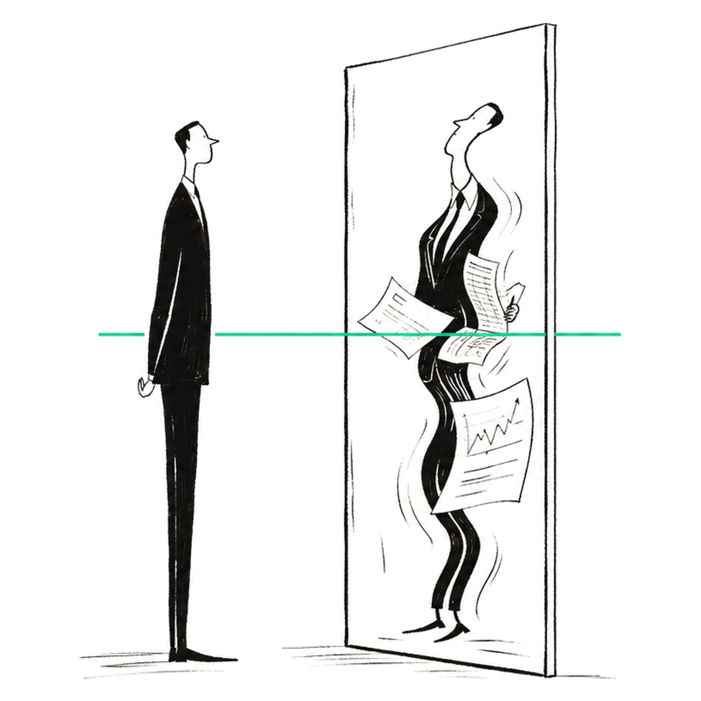 A composed operator facing a distorted reflection in a mirror
